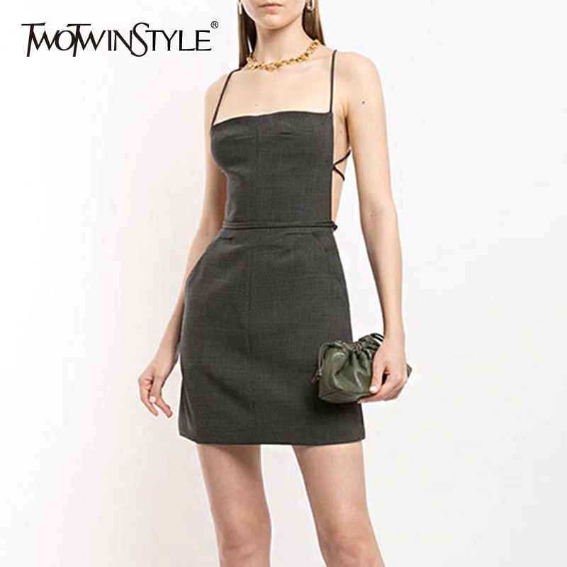 TWOTWINSTYLE vestidos elegantes para mujer cuello cuadrado sin mangas Correa espagueti espalda descubierta encaje hasta Bownot verano vestido mujeres marea