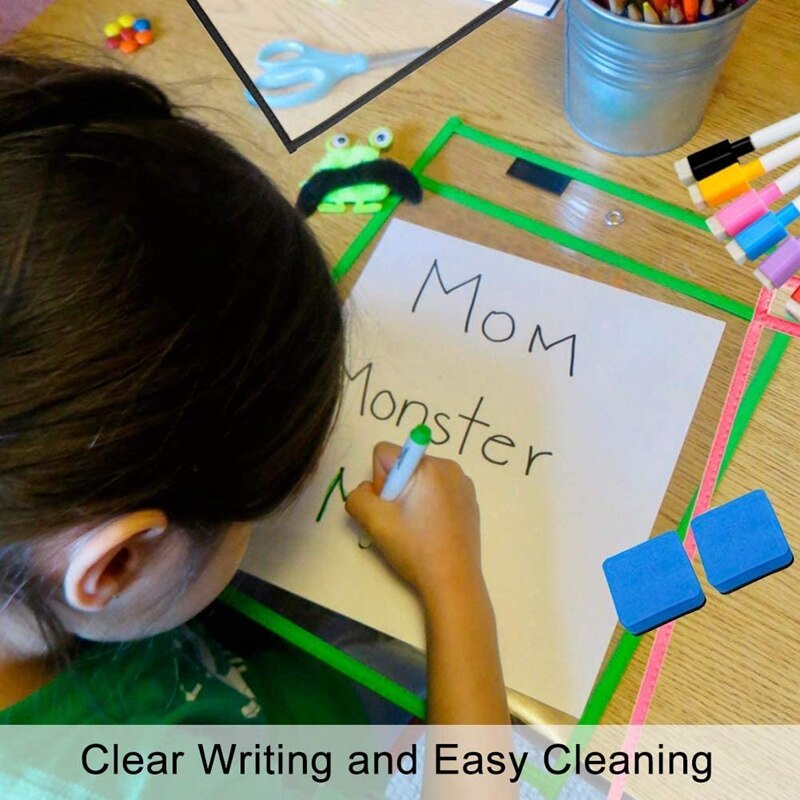 Dry Erase Pockets Sleeves, (10 Pack) A4 Paper Job Ticket Holders, Reusable Dry Erase Sheets for Classroom Worksheets