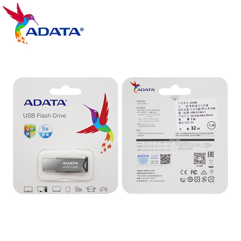 Originele Adata UV350 Usb 3.2 High Speed Flash Drive 128Gb 64Gb 32Gb Mini Metalen Memory Stick Opslag apparaat Voor Computer