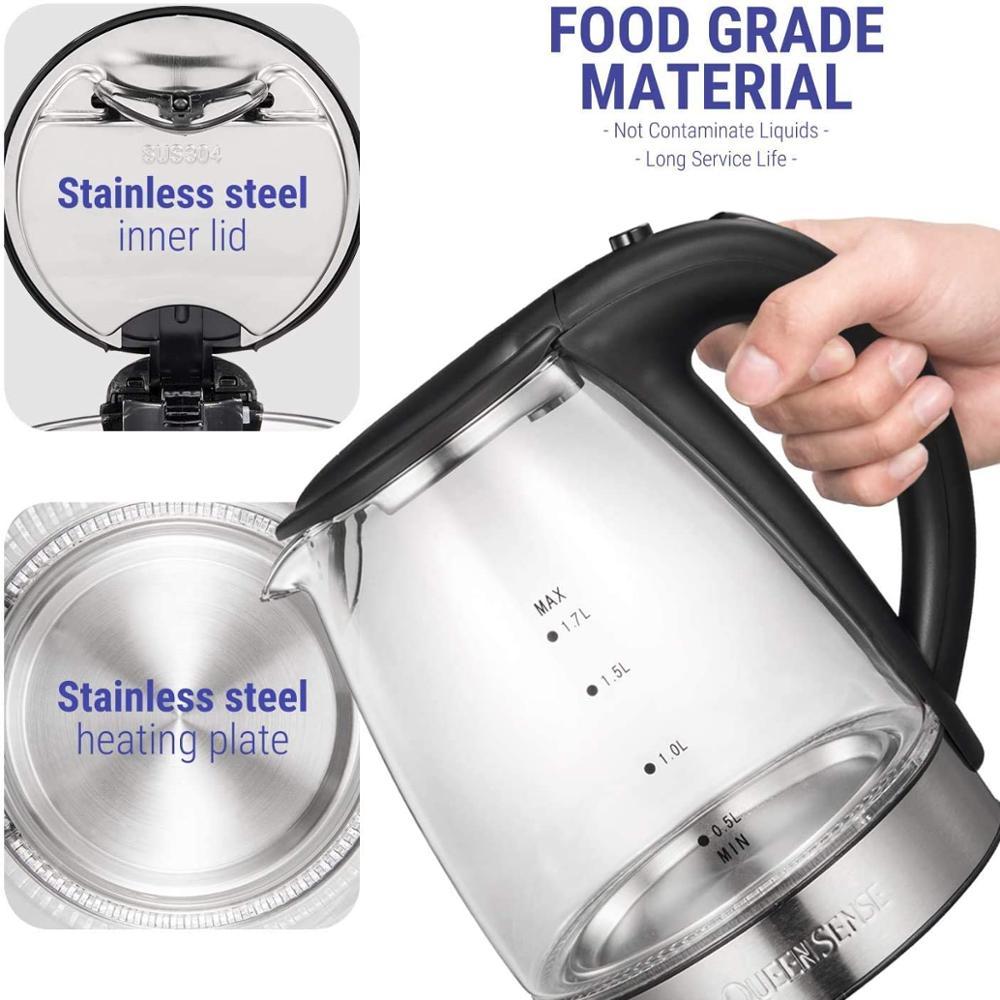 Queensense Kettle Glass Electric Kettle, 1.7 L Tea Maker with Blue LED Lighting, 2200 W Fast Heating Kettle with Auto Shut-off