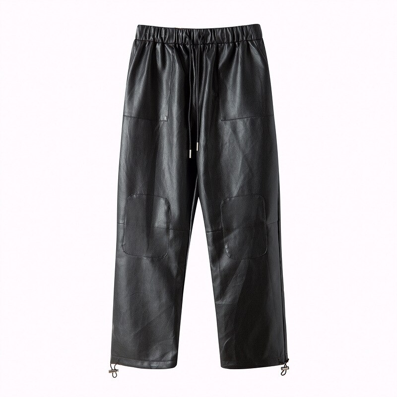 Mænd løse afslappede lige læderbukser mandlige high streetwear hip hop brede ben haremsbukser jogger joggingbukser bukser: Xxl / Sort