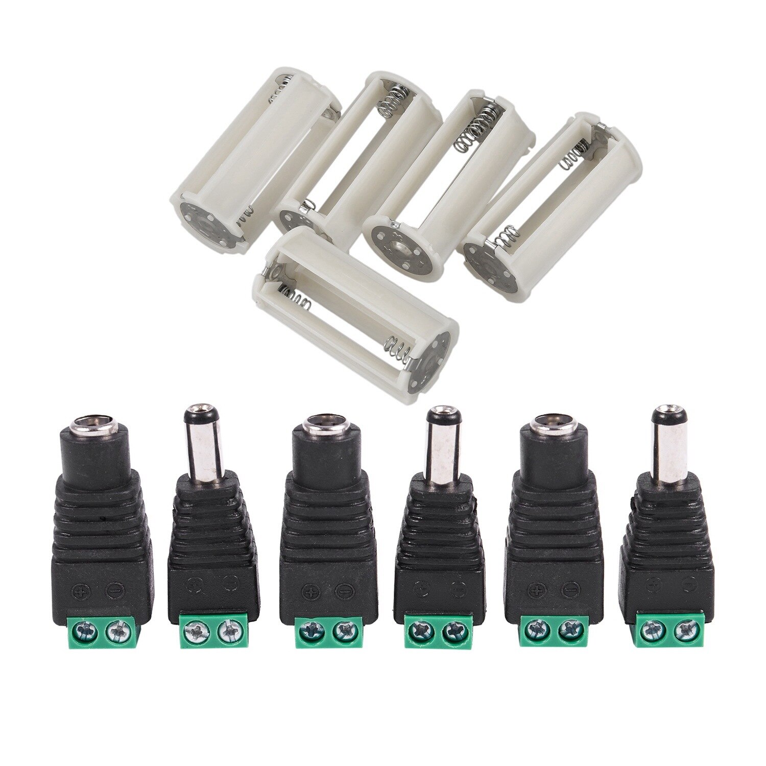 -5X Serial Connection 3X 1.5V AA Battery Plastic Holder &amp; 6 Pcs 5.5X2.1Mm Female + Male CCTV DC Power Connector Adapter: Default Title