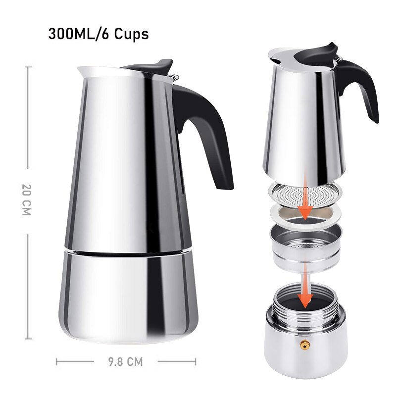 Moka Coffee Pot Espresso Latte Percolator Stove Coffee Maker Espresso Pot Italian Coffee Machine 200/300/450ml Stainless Steel: 300ML