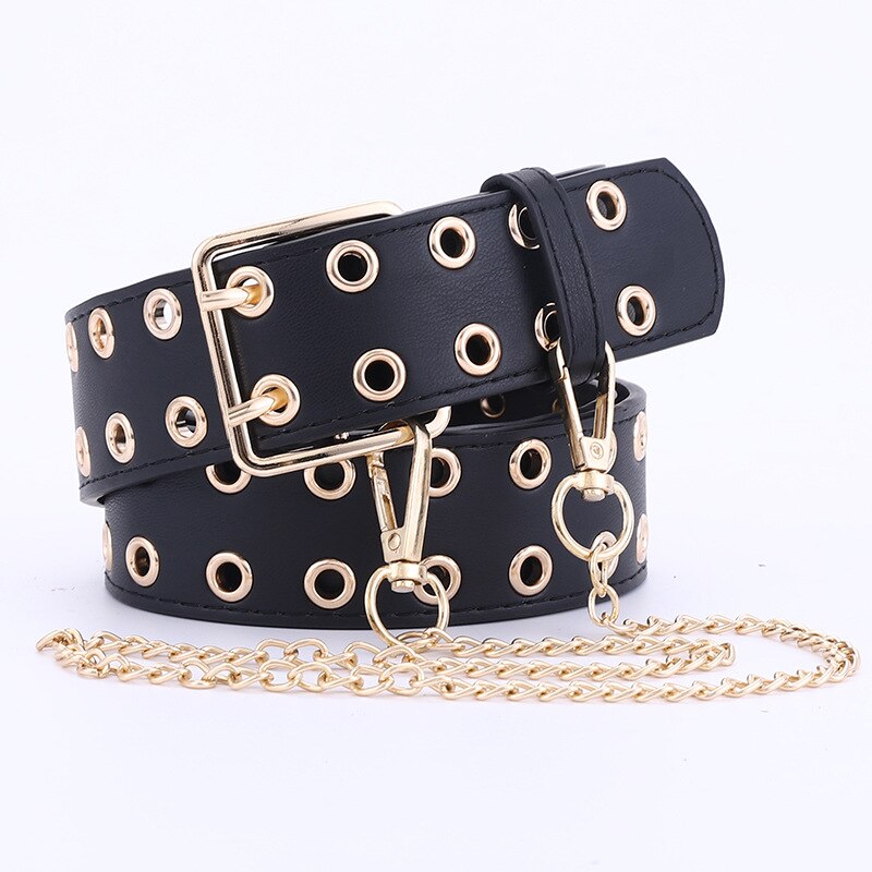 Gold Metal Double Pin Buckle Chain Women Belt PU Leather Punk Luxury Brand Waist Strap Belts for Jeans: 3.6cm black chian