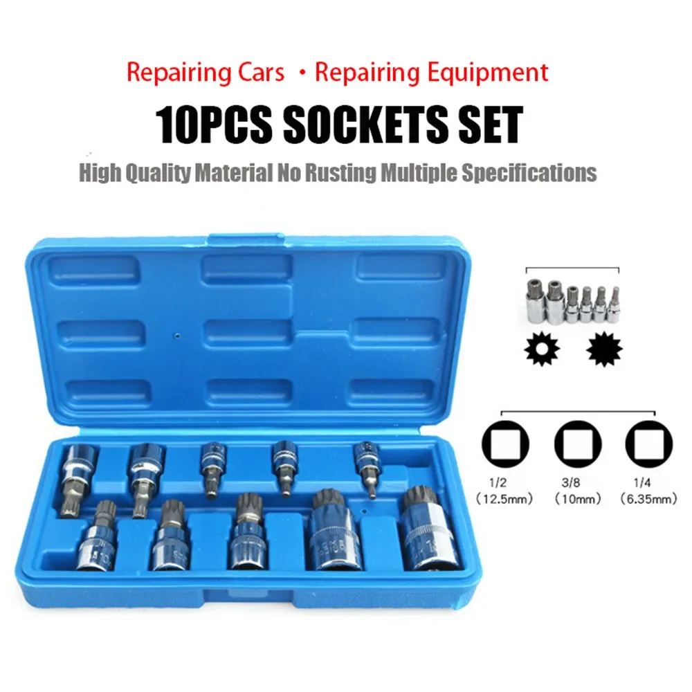 10 Pcs XZN 12 Point Triple Square Spline Bit Socket Set Tamper Proof with Case Automotive Tool Kit