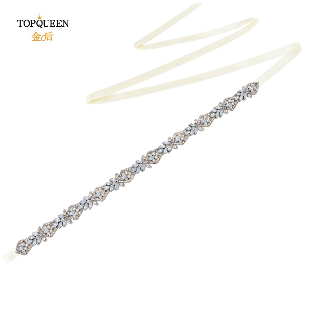 TOPQUEEN-cinturones de novia S485, apliques de cristal de para cinturones de novia, cinturón para vestido de bodas con diamantes de imitación, Ópalo: iovry ribbon