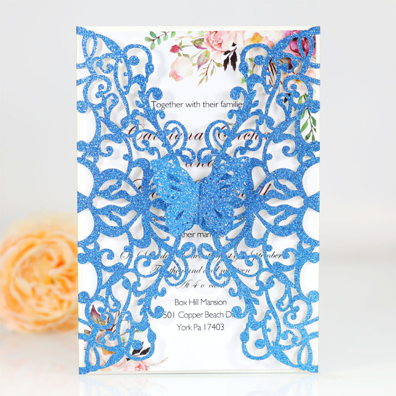 10/20 stücke Glitter Schmetterling Einladung Karte Hochzeit Engagement Geburtstag Baby Dusche Taufe Party Dekoration Favor Supplies: Blue / 20pcs