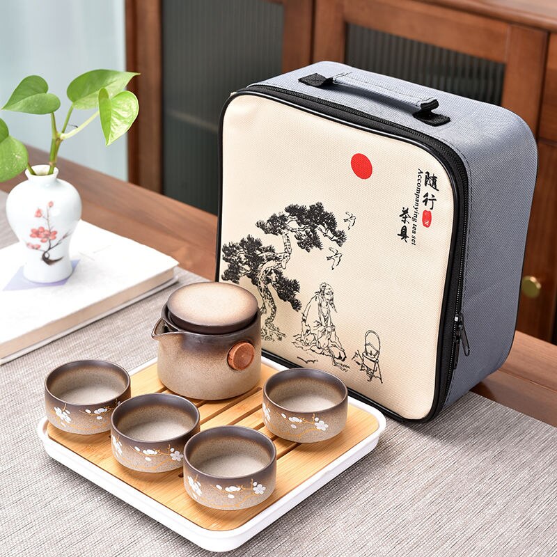 Japanese-style Cherry Blossom Kung Fu Tea Set Small Set One Pot Two Cups Four Cups Portable Travel Tea Set Tea Pot Tea Tray: bag set  A