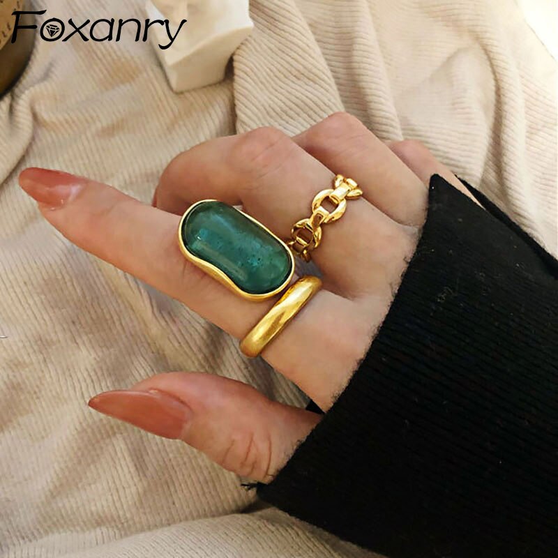 Foxanry Gold Color Wedding Rings for Women Green Stone France Vintage Party Bride Jewelry