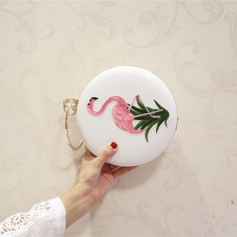 Women's Round Evening Bag - Vintage Style - Flamingo Embroidery - PU Leather - Chain Strap