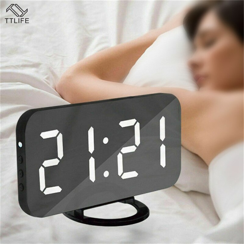 Electric Digital Alarm Clock Mirror LED Display Voice Control Multifunction Snooze Digital Table/Desk Clocks Words USB Charge