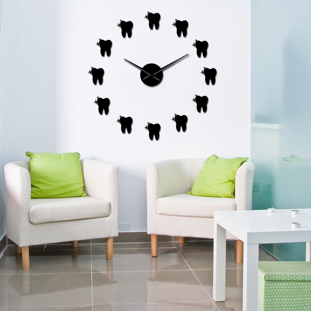 Teeth 3D Mirros Stickers Modern Tooth Style DIY Large Wall Clock Dental Office Wall Decor Silent Non Ticking Big Clock