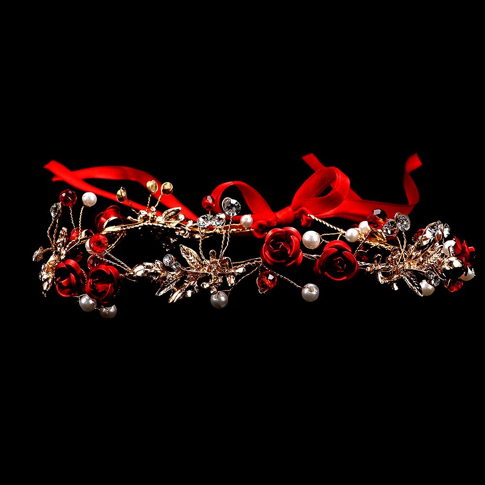 1Set Women Red Rose Crystal Pearl Bride Hairband Crown Wedding Toast Clothing Hair Accessories Earrings Set: Default Title