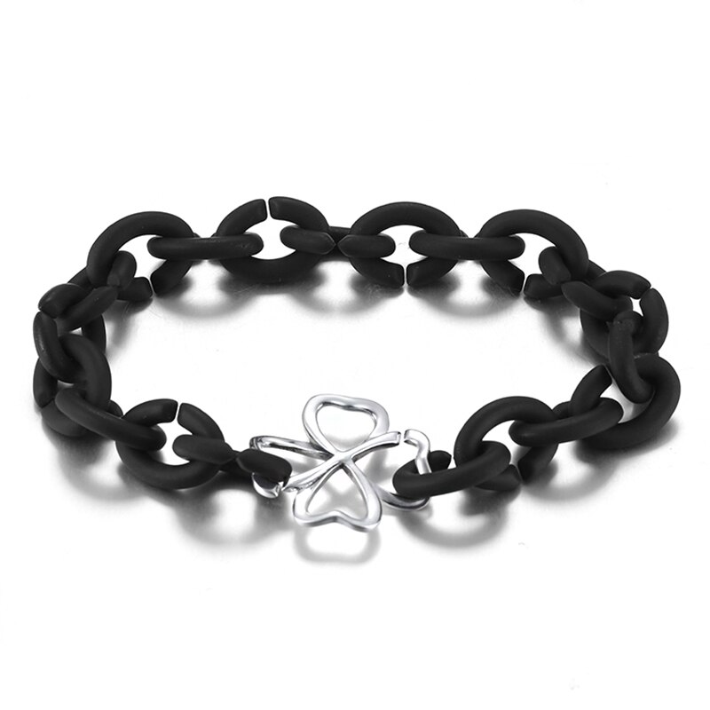 925 Sterling Silver bead Four-leaf Clover Beads black Rubber X Handmade Bracelet women Accessories Jewellery