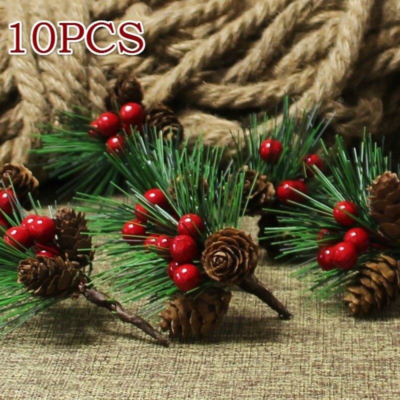 10PCS Artificial Flower Red Christmas Berry Pine ConeHolly Branches Christmas Decoration for Home Floral Decor Flower Crafts