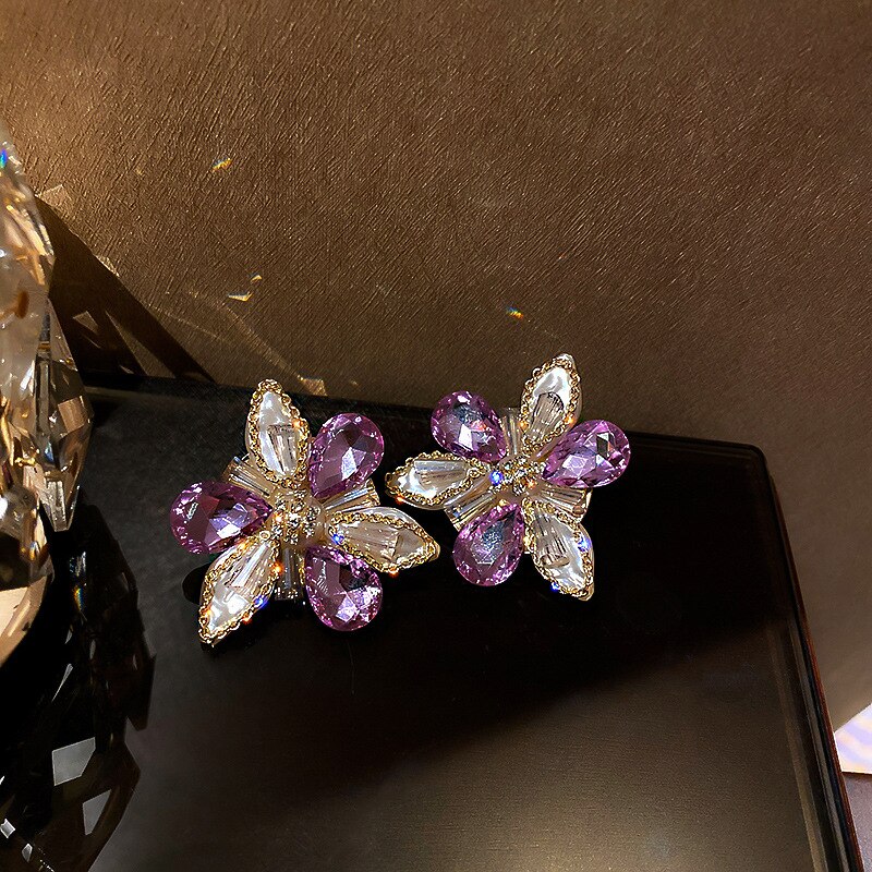 FYUAN Flower Purple Crystal Stud Earrings for Women Geometric Earrings Weddings Party Jewelry