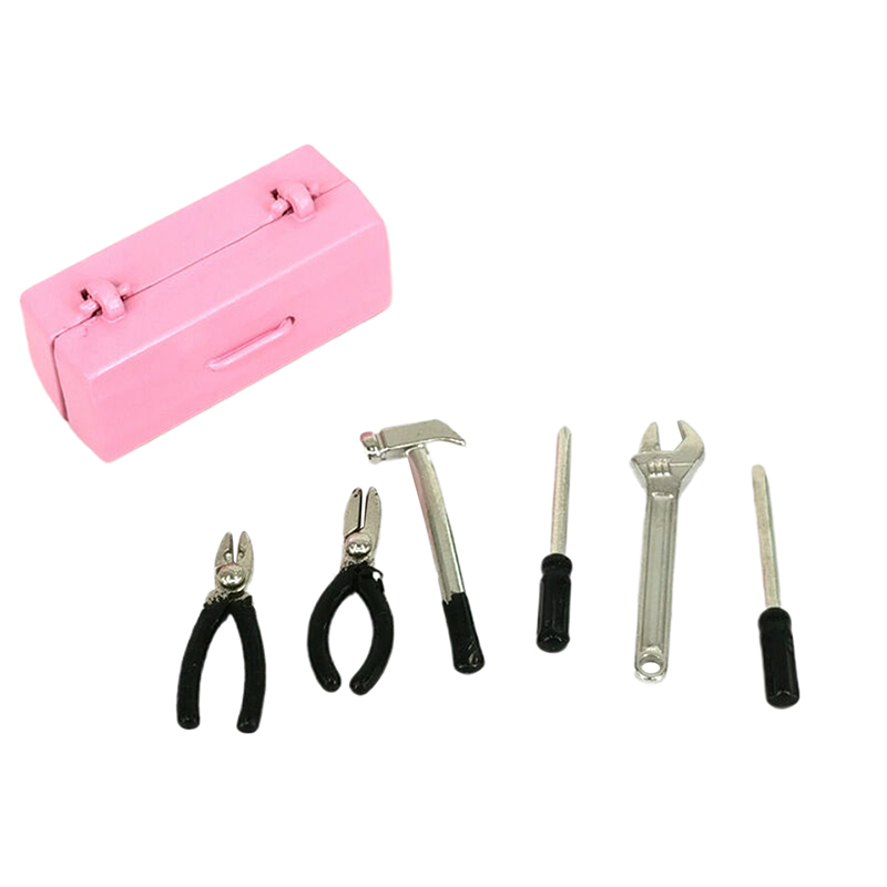 1 set dockhusminiatyrverktygslåda 【verktygslåda +6 verktyg】handgjorda verktygsset modellmöbler tillbehör dockhusdekor leksaker: Ljusgrön