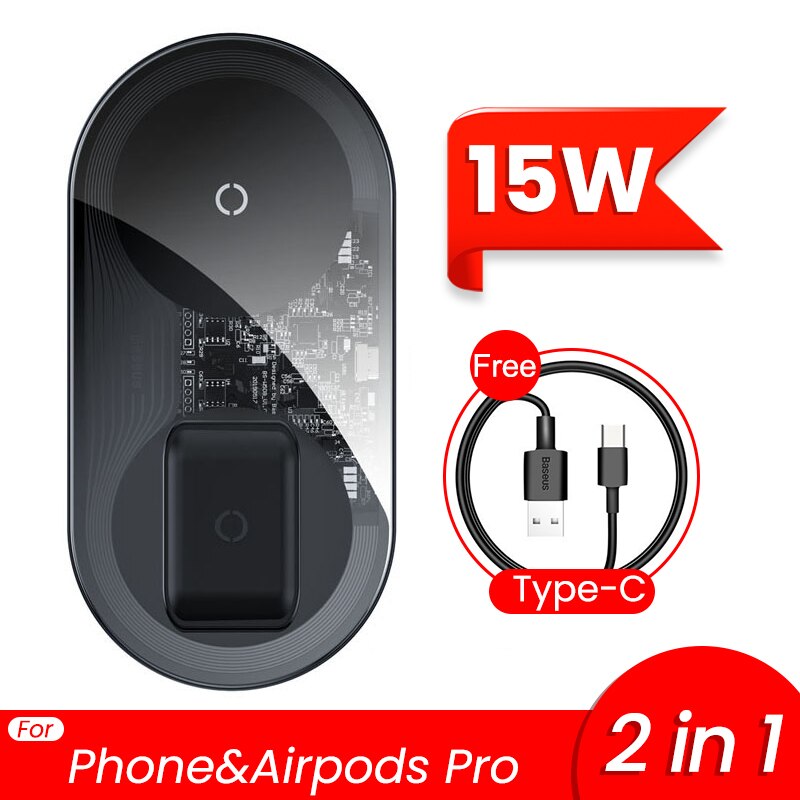 Baseus 2 in 1 Dual Qi Wireless Charger For iPhone 11 Pro Max X Airpods 15W Fast Wireless Charging Pad Induction Wirless Charger: Transparent 15W Pro