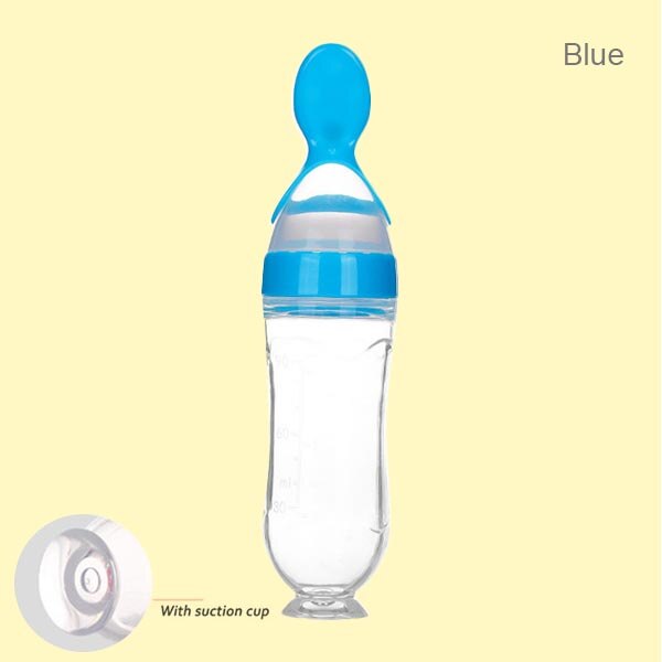 Beeshum 90ml Baby Squeezing Feeding Spoon Safety Silicone Training Baby Bottle Spoon Infant Cereal Food feed Spoon baby gadgets: blue suction cup