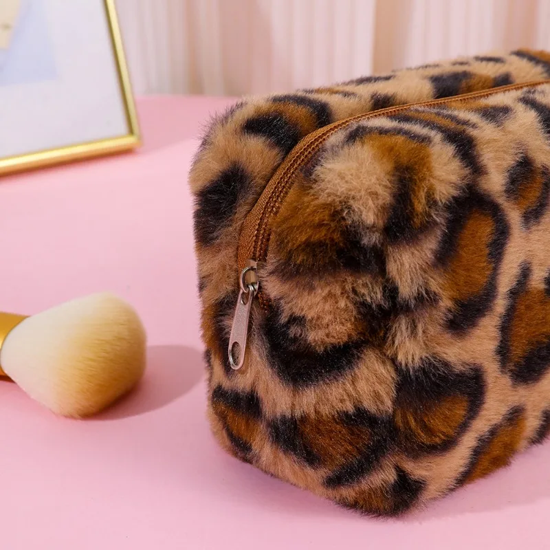 Leopard Fur Makeup Bags for Women Soft Travel Cosmetic Bag Organizer Case Lady Girls Make Up Case Necessaries Handbags Case