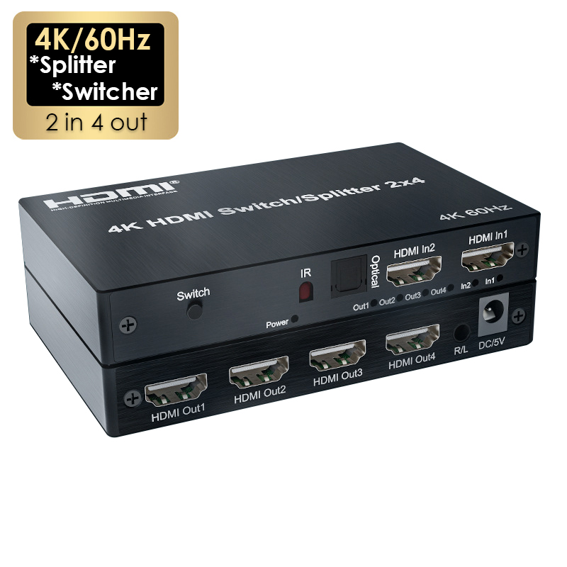 4K@60Hz 2x4 Switch 2 In 4 Out HDMI-compatible 5M/30M Extend Splitter Switcher With Audio Extractor for 4 Screen Monitor Display