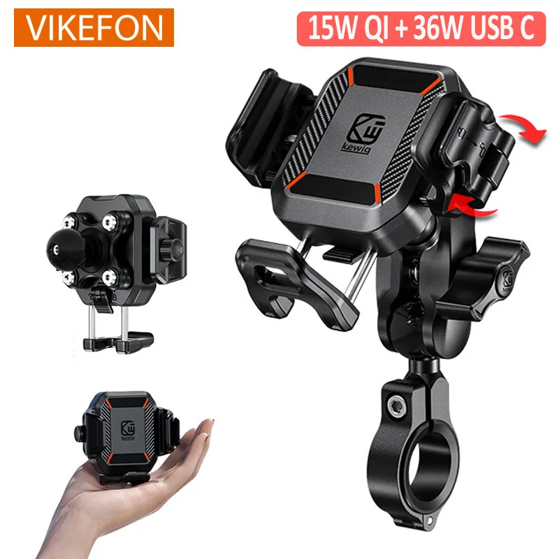 Motorcycle Phone Holder 15W Wireless Charger & 36W USB C Fast Charging Shockproof Motorbike Bicycle Bike Scooter Phone Stand