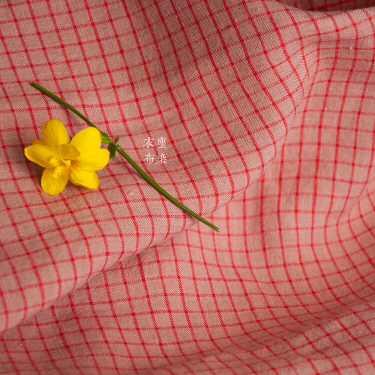 pure linen flax yarn-dyed small checked quadrille fabric old pink colored woven cloth woman's dress wind coat