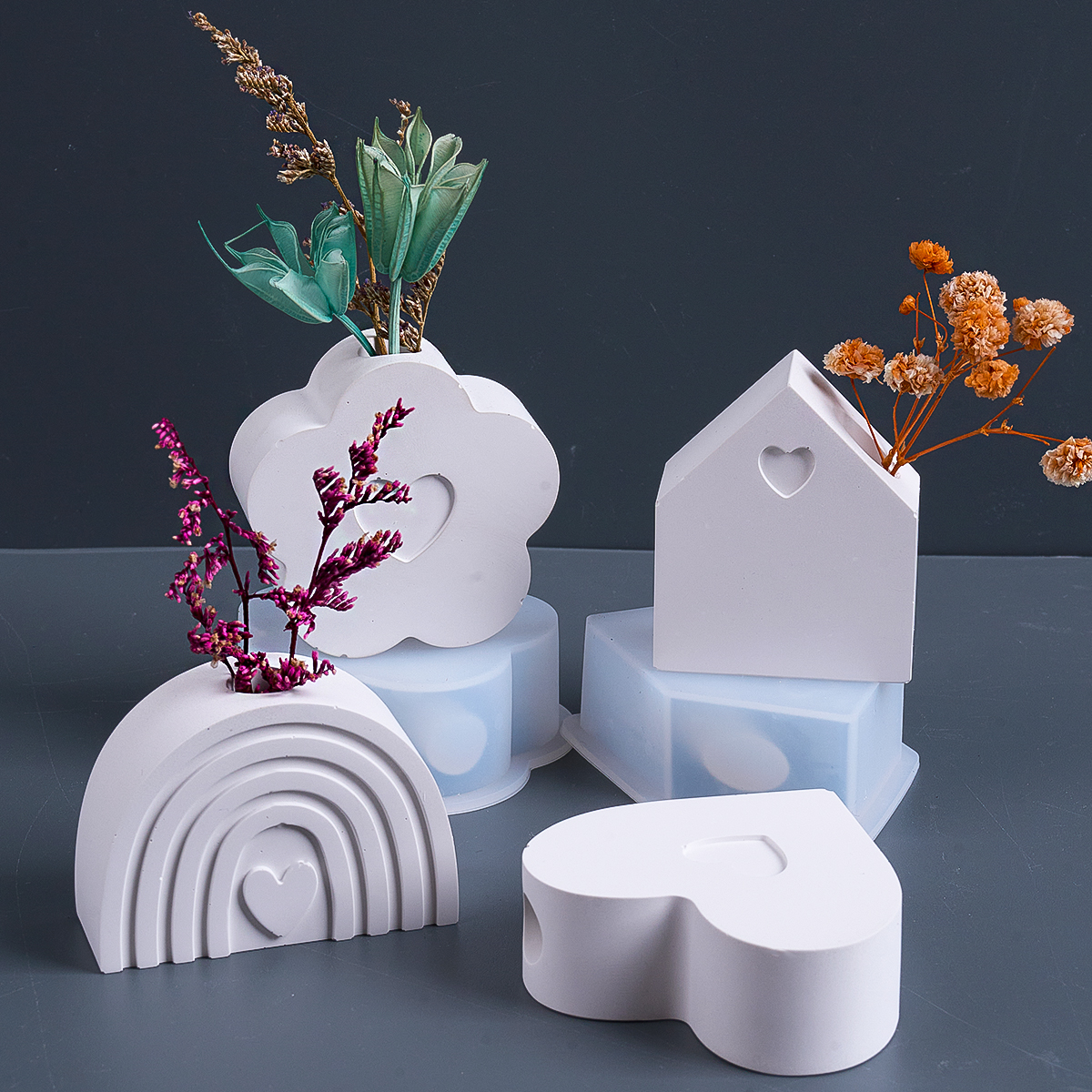 Jarrón de inserción, adorno de yeso, molde de silicona DIY, casa pequeña, corazón de arcoíris, flor, macetas, molde para manualidades de yeso, decoración del hogar