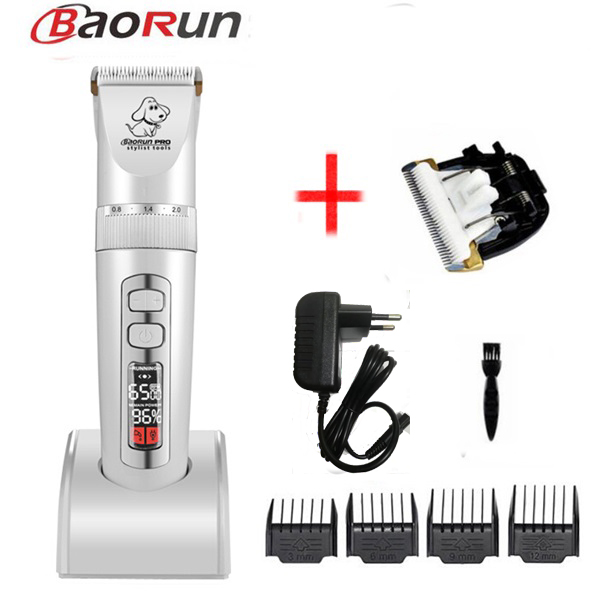 Baorun  p9 hund hår trimmer husdjur klippare hund trimning lcd display katt hund hår rakapparat husdjur klippmaskin: P9 vita lägg till 1 blad