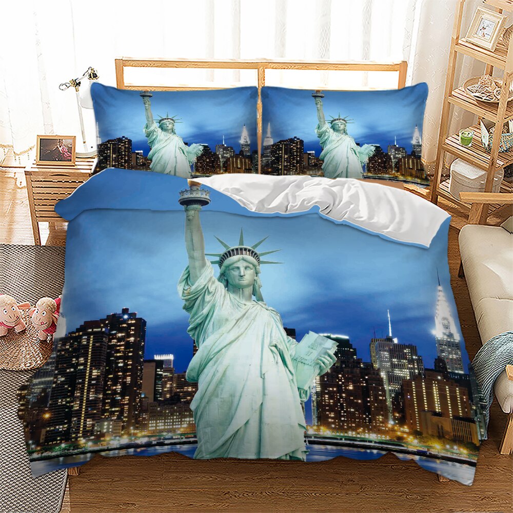 Novelty York City Landschap Vrijheidsbeeld Print Blauw Beddengoed Set Dekbed Dekbedovertrek + Kussensloop ons Au Eu Size