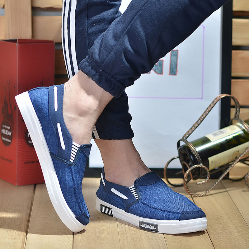 Män casual canvas skor tryck sneakers sommar trainers fritids skor herr lägenheter slip skor chaussures pour hommes: Blå / 44
