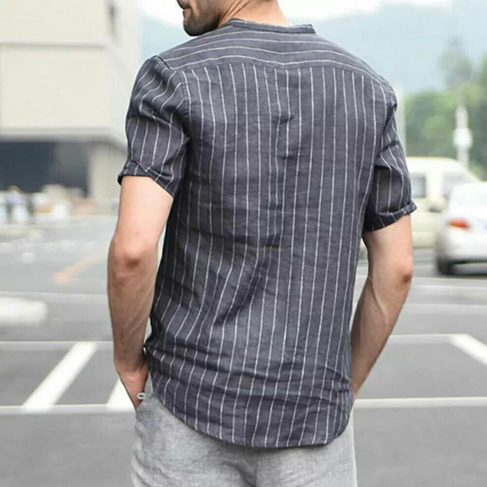 Summer Men's Shirts Linen V Neck Short Sleeve Striped Basic Pullover Gray Slim Tee Stand Collar Casual Tops M-2XL