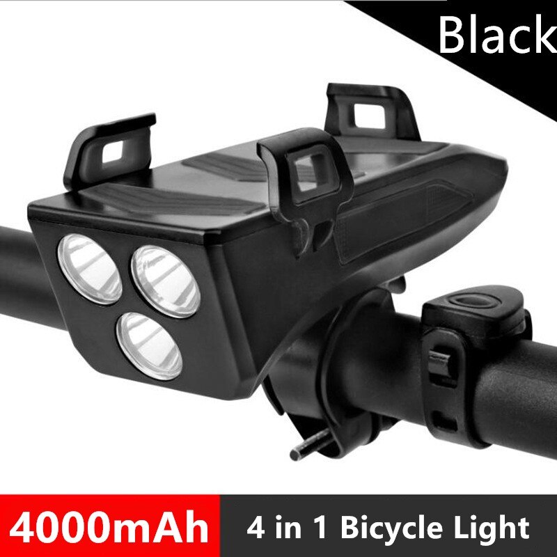 Multi-funktion USB Aufladbare Fahrrad Licht Kopf Lampe Telefon Halfter mit Fahrrad Horn Glocke 4in1 4000mAh MTB Radfahren Vorderseite Licht: 4000MAH Schwarz