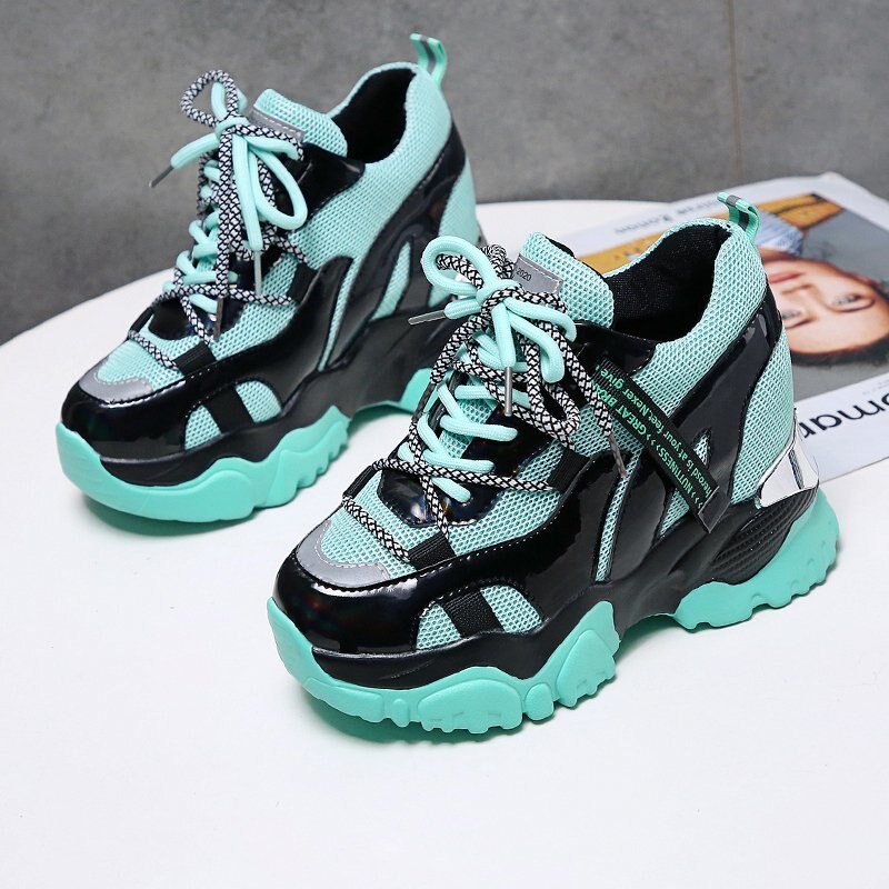 Tuinanle chunky sneakers høy hæl 10 cm kvinner høst tykk bunn plattform joggesko høyde økende kvinne sølv fritidssko: Grønn / 5