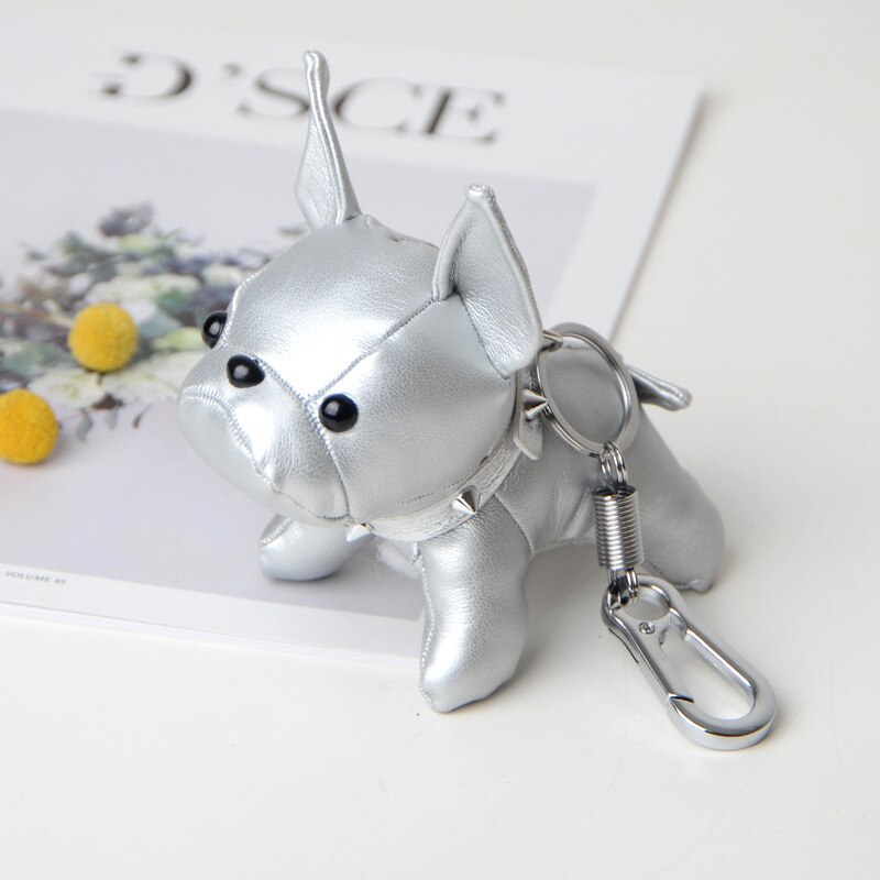 French Bulldog Keychain PU Leather Animal Dog Keyring Holder Bag Charm Trinket Chaveiros Bag Accessories Punk Style Pendant: silver