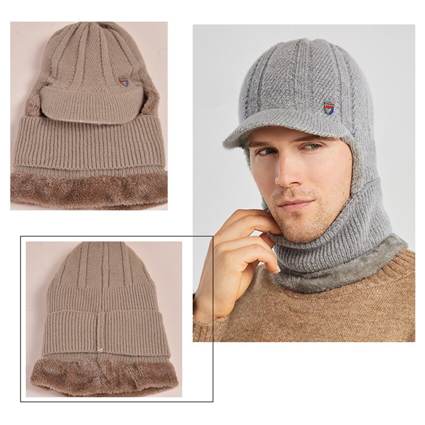 TRIPLE INFINITY Winter Men Knitted Hat Thick Windproof Dust-proof Sun Visor Hats Outdoor Cycling Warm Bonnet Male Baseball Cap