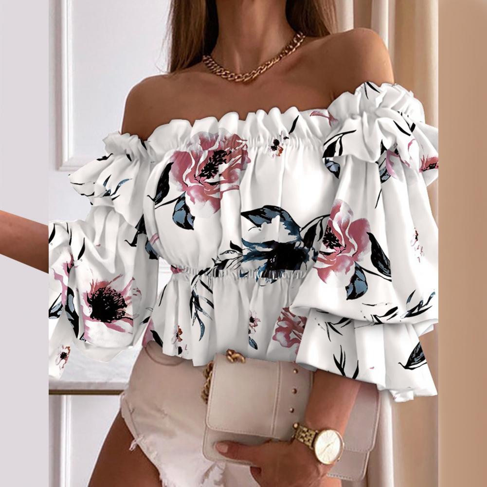Sexet sommertop med flare-ærmer og off-shoulder-fløjlsskjorte med blomsterprint og let skjorte til hverdagsbrug