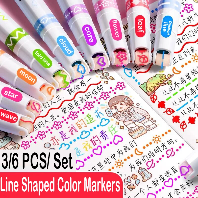 3/6 stks/set Kawaii Bloemen Lijnvormige Markeerstiften Roller Tip Curve Liner Marker voor Schrijven Journaling Tekening briefpapier