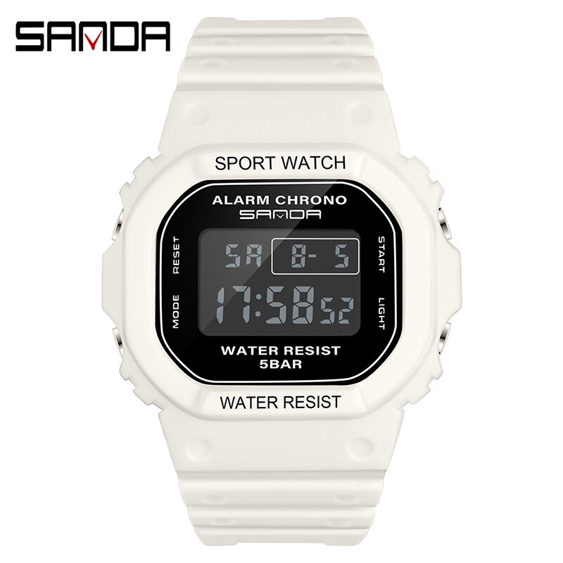 Relógio de pulso eletrônico sanda 2019, relógio de esporte feminino multifuncional de silicone, impermeável, relógios de pulso para estudantes: White