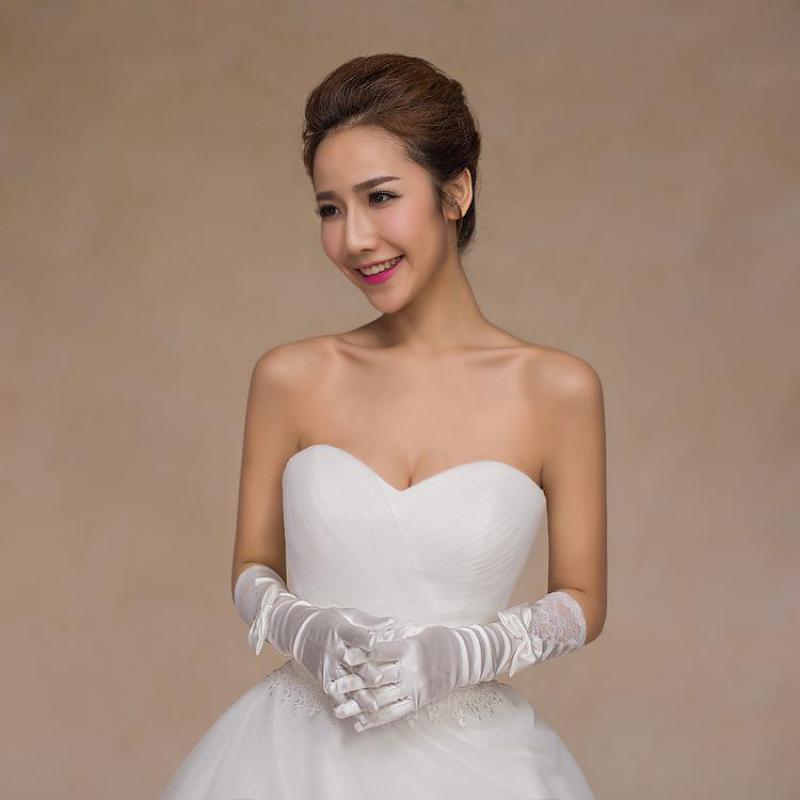 Accesorios De boda guantes largos De novia De encaje blanco De satén dedos completos guantes De boda con lazo Luva De novia