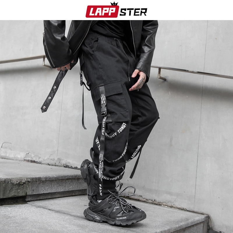 Lappster herr japansk streetwear cargo byxor herr band hip hop overall joggingbyxor man svart mode träningsbyxor