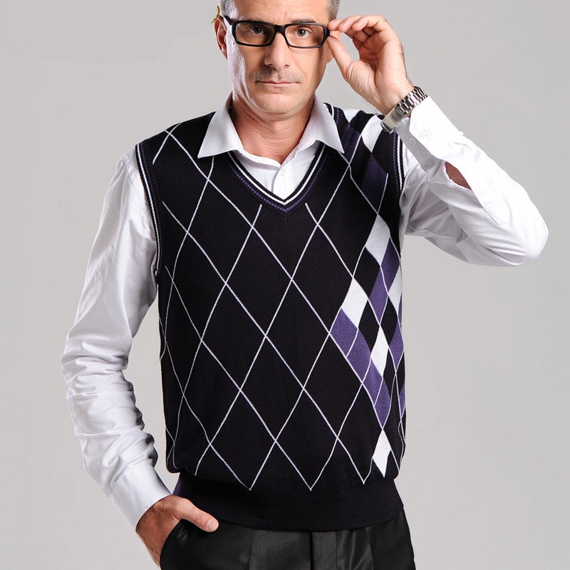 Hommes Woll col en v gilet chandails Argyle Slim Fit Patchwork sans manches automne printemps tricoté Contted décontracté mâle vêtements