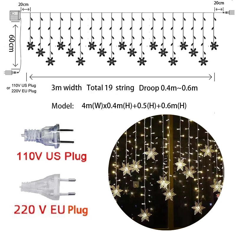 Christmas snøfnugg ledet streng lys blinkende fe lys gardin lys fancy fest år dekorasjon: Varm hvit / Eu-plugg 220v