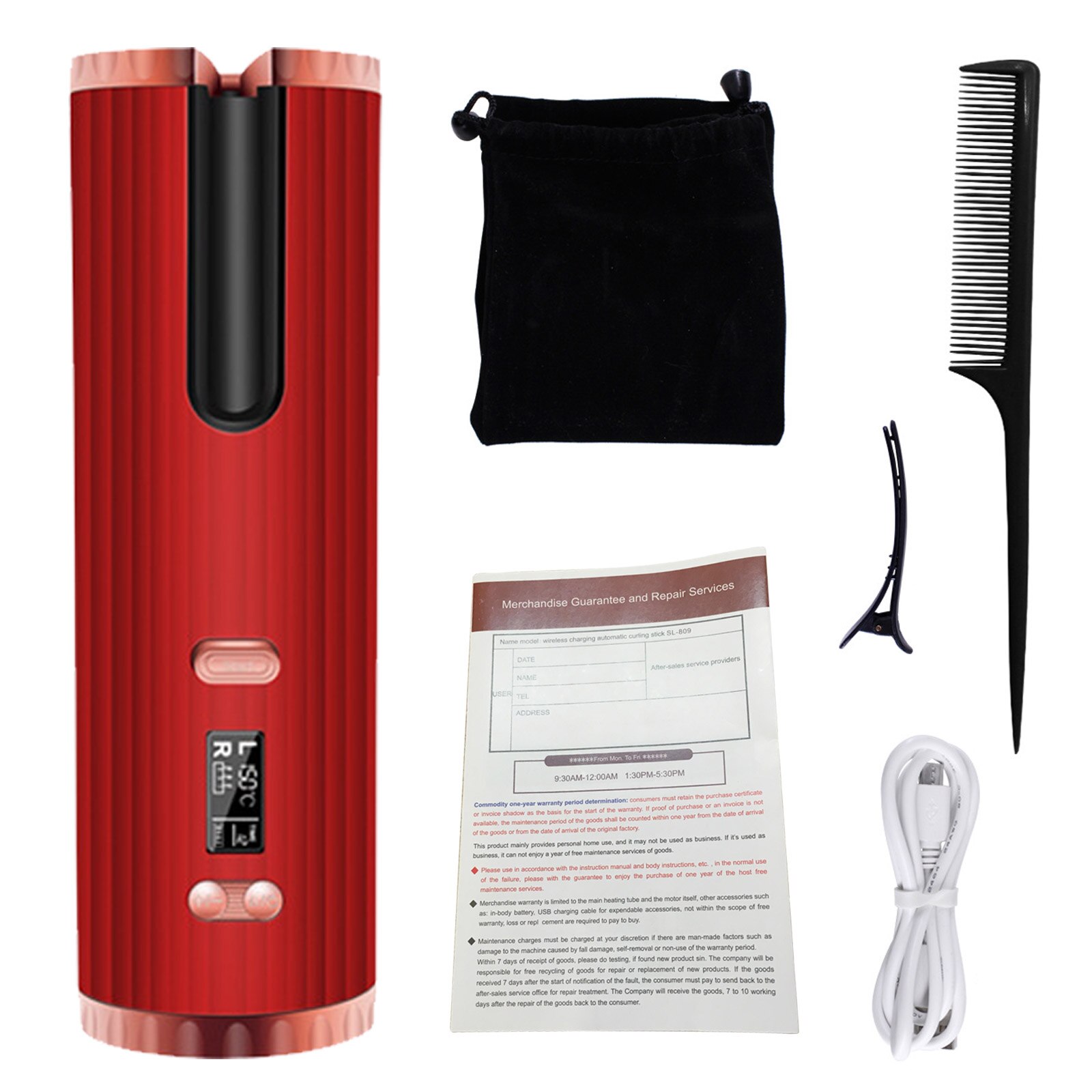 Cordless Automatic Hair Curler Portable Rechargeable Hair Curling Wand Roller Iron with 3 Temperature Settings Timer LCD Display: Red