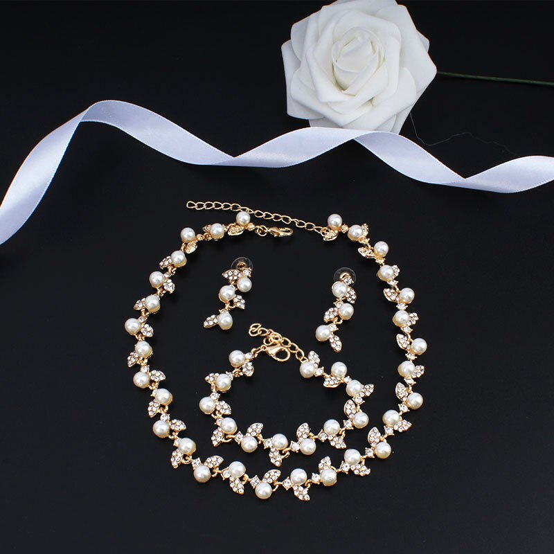 Jiayijiaduo Gesimuleerde Parel Bruids Sieraden Sets Gold-Kleur Ketting Set Bruiloft Kostuum Sieraden Ketting Oorbellen Armband Set