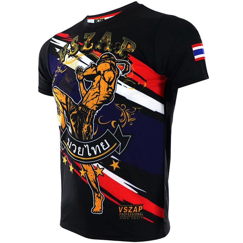 Men Tshirt VSZAP Quick Dry Muay Thai Broadcasting Sanda Fighting T-Shirt Elastic Cotton Fighting T Shirt MMA Homme