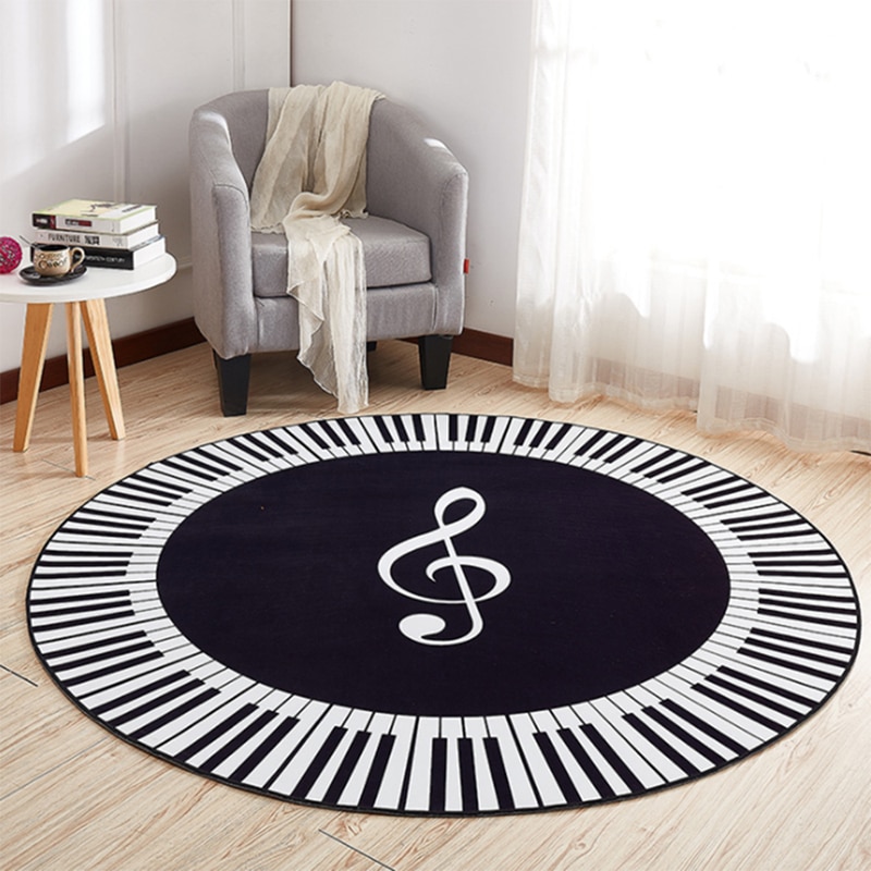 Ehomebuy tæppe musik symbol klaver nøgler sort hvid rundt tæppe anti slip tæpper hjem soveværelse fodpuder gulv dekoration