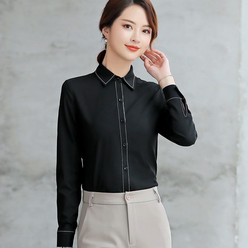 Spring long sleeve shirt women white black long sleeve chiffon blouse office lady work formal office plus size tops: Black / XL