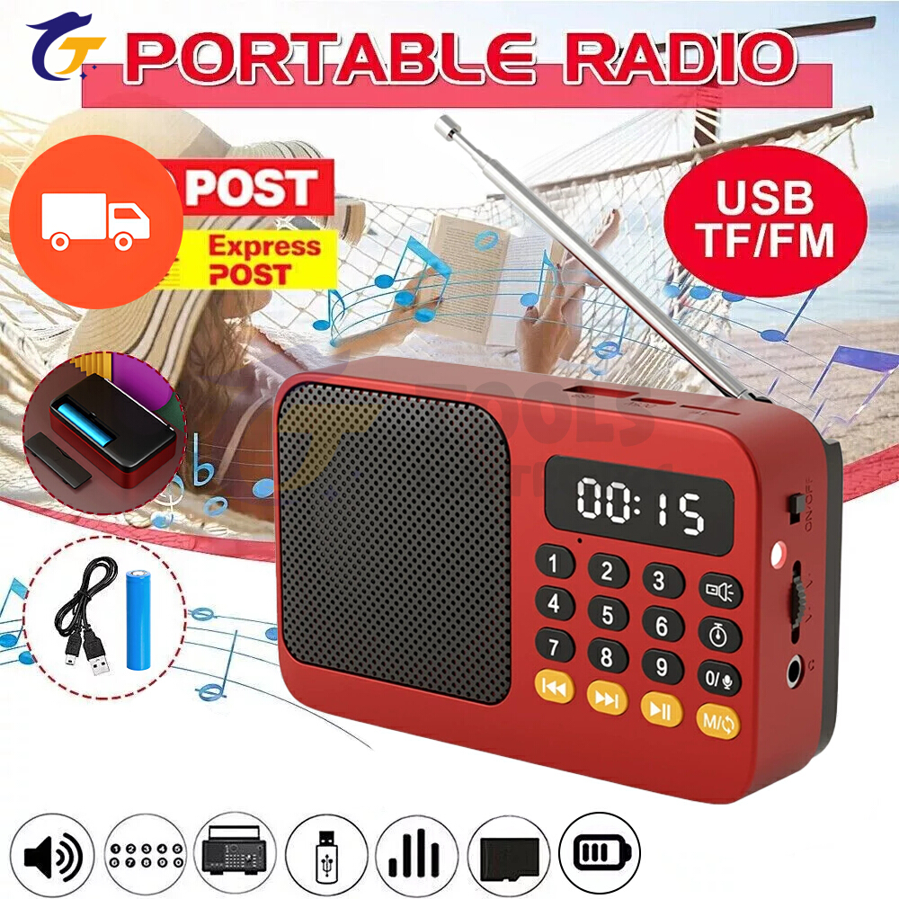 Kompakt handhållen bärbar radio, uppladdningsbar fm, tf, usb, bt, musikspelare med lcd-skärm, 3.5mm uttag och ficklampa