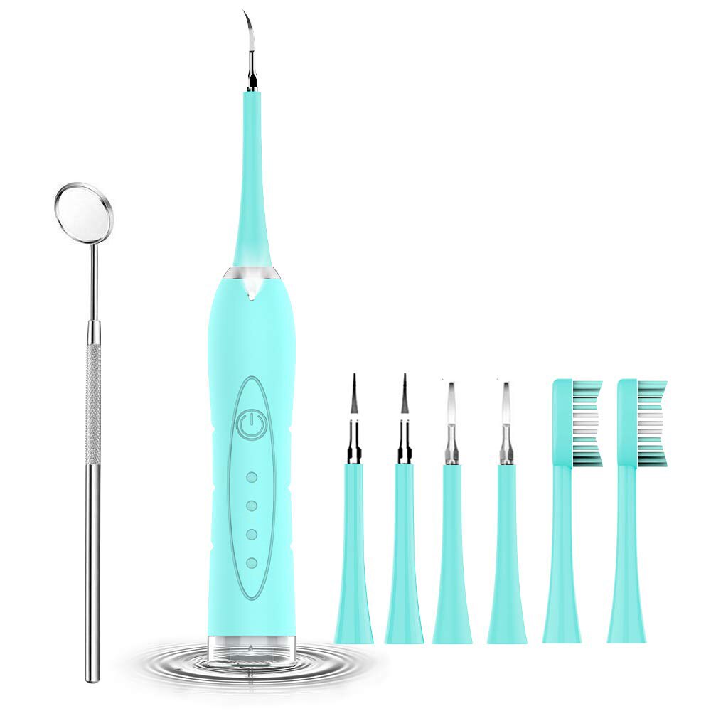 Elektrisk beskyttelsesbar sonisk tandskaler tandberegningsfjerner renere tandpletter tandsten værktøj med 5 udskifteligt børstehoved: Blå deluxe-udgave